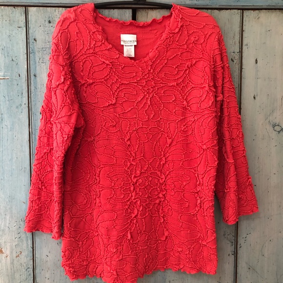 Haystacks fabulous tomato-red, 3/4 sleeve, unique fabric, top - Made in Michigan - Picture 10 of 11
